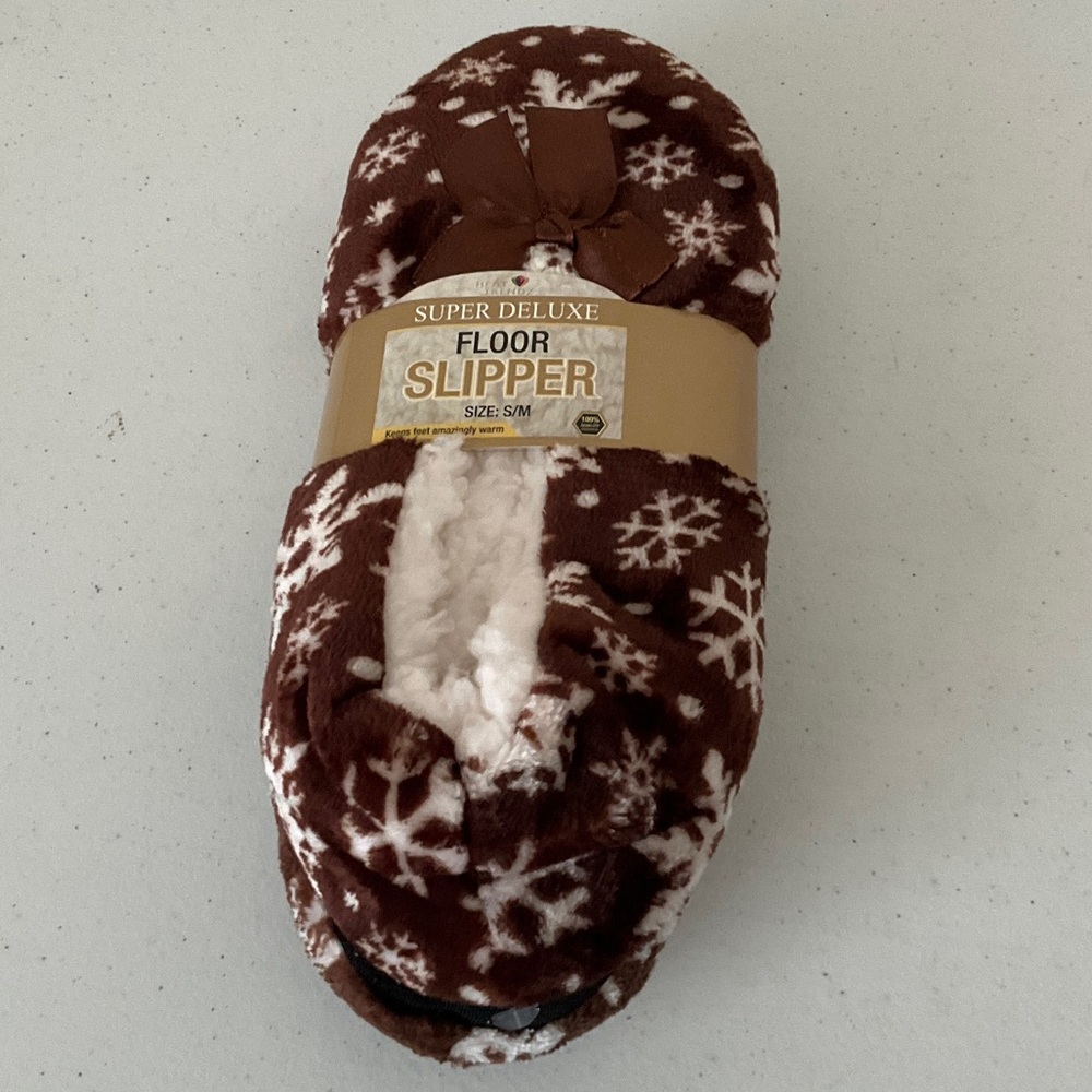 Brown and White Snowflake Floor Slippers